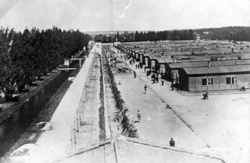 KT Dachau – celkový pohled na baráky, ve kterých žili vězni, oplocení z ostnatého drátu do kterého byl zaveden elektrický proud pod vysokým napětím, vedle baráků vězni; duben 1945  (AIPN)