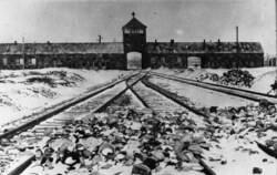 Vstupní brána do KL Auschwitz-Birkenau; leden 1945. (AIPN)