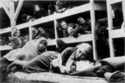 KL Auschwitz-Birkenau – vězenkyně uvnitř baráku; 1945. (AIPN)