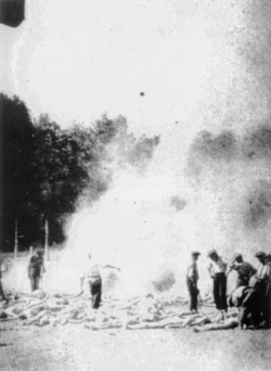 Spalování mrtvých těl Židů v KL Auschwitz-Birkenau. Fotografie byla pořízena potají jedním z členů židovského Sonderkommanda v roce 1944. (AIPN)
