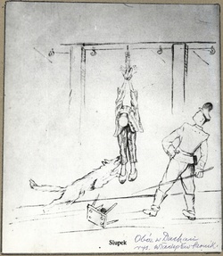A fellógatást (a dachaui lágerben alkalmazott egyik legkegyetlenebb büntetést) ábrázoló grafika, amelyet Władysław Sarnik atya, a dachaui láger foglya készített. (Maria Sarnik-Konieczna magángyűjteményéből)