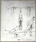 Il disegno fatto da padre Władysław Sarnik mentre era internato al KL Dachau riproduce la pena del palo, una delle più crudeli applicate a Dachau; (collezione privata di Maria Sarnik-Konieczna