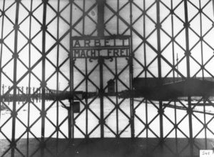 Brama obozowa KL Dachau z napisem „Arbeit macht frei” (Praca czyni wolnym). (IPN)