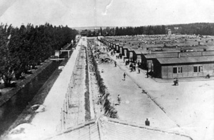 KL Dachau – widok ogólny na baraki, w których mieszkali więźniowie, ogrodzenie z drutu kolczastego, przez który przepływał prąd elektryczny o wysokim napięciu, obok baraków więźniowie; kwiecień 1945 r. (IPN)