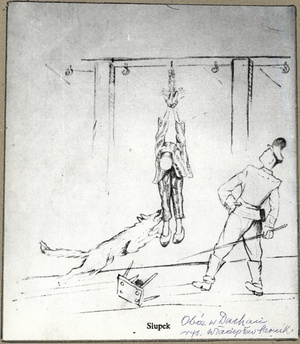 Grafika przedstawiająca karę słupka, jedną z najokrutniejszych stosowanych w Dachau, wykonana w obozie przez więźnia KL Dachau ks. Władysława Sarnika. (ze zbiorów prywatnych Marii Sarnik-Koniecznej)