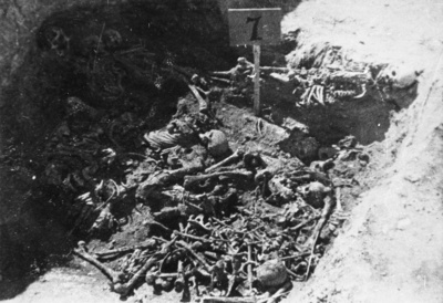 Jeden z odsłoniętych grobów w trakcie prac ekshumacyjnych na terenie KL Majdanek; jesień 1944 r. (IPN)